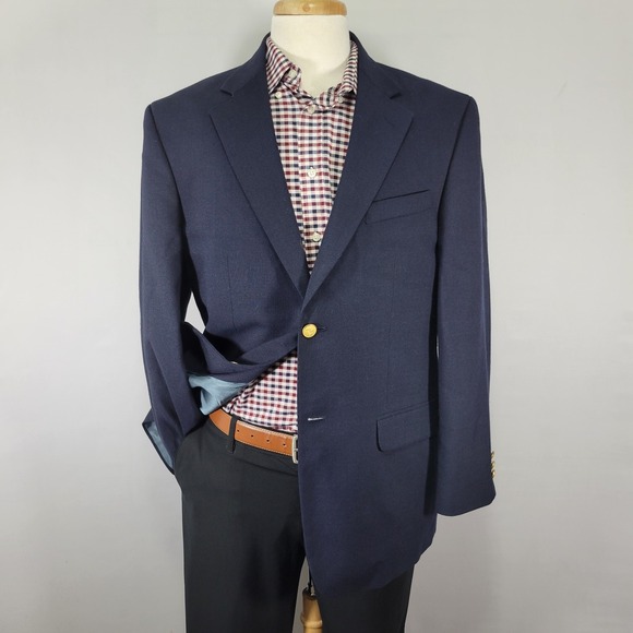 VTG Stafford Men's Sport Coat Blazer Two Button Navy Blue Polyester‎ Wool 42R